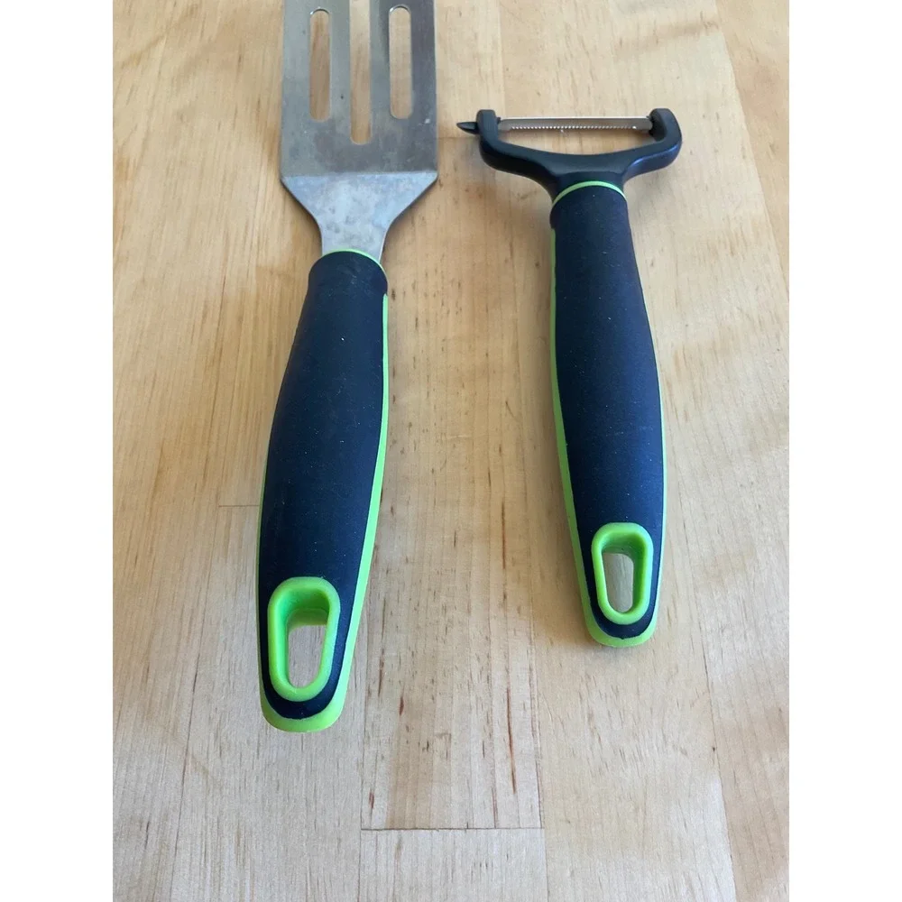 Kitchen Tool Set Slotted Spatula Turner and Serrated Y Peeler Black Lime Green